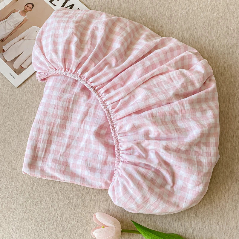 Plaid Style Fitted Sheet Skin-friendly Bed Cover Elastic Bedsheet for