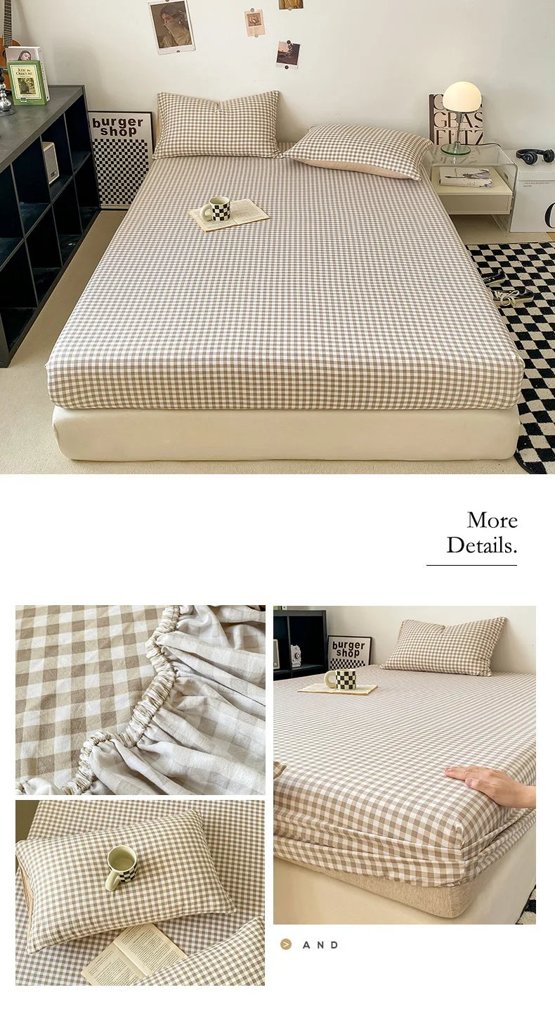 Plaid Style Fitted Sheet Skin-friendly Bed Cover Elastic Bedsheet for