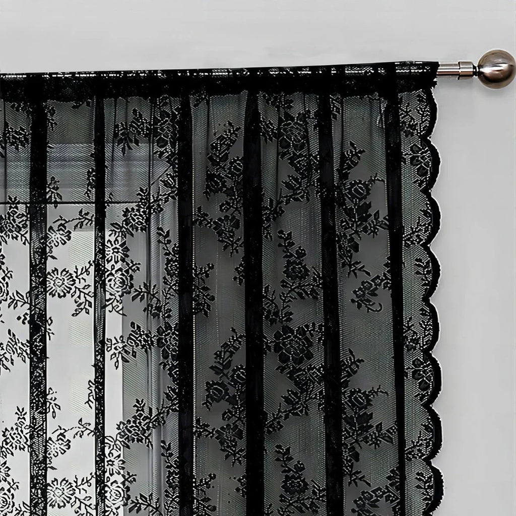 1pc Romantic Lace Sheer Curtain, Rod Pocket Flower Lace Window Curtains for Living Room