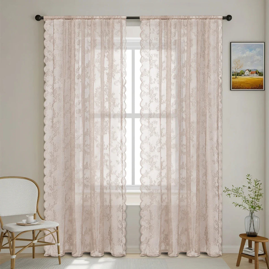 1pc Romantic Lace Sheer Curtain, Rod Pocket Flower Lace Window Curtains for Living Room