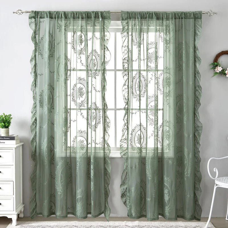 Lace Sheer Curtains with Scallop Ruffle Edge for Living Room Farmhouse