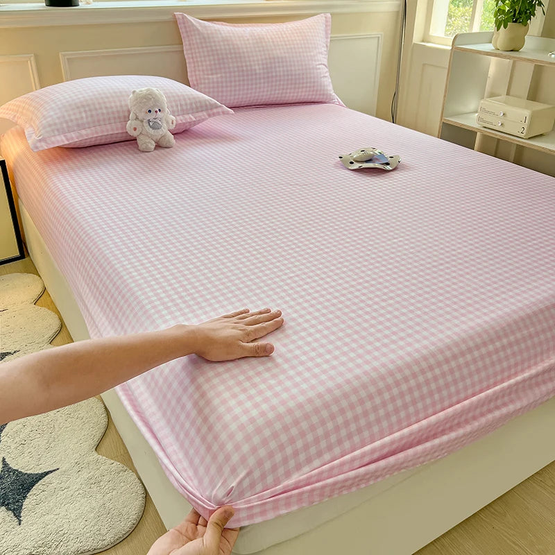 Plaid Style Fitted Sheet Skin-friendly Bed Cover Elastic Bedsheet for Girls Boys