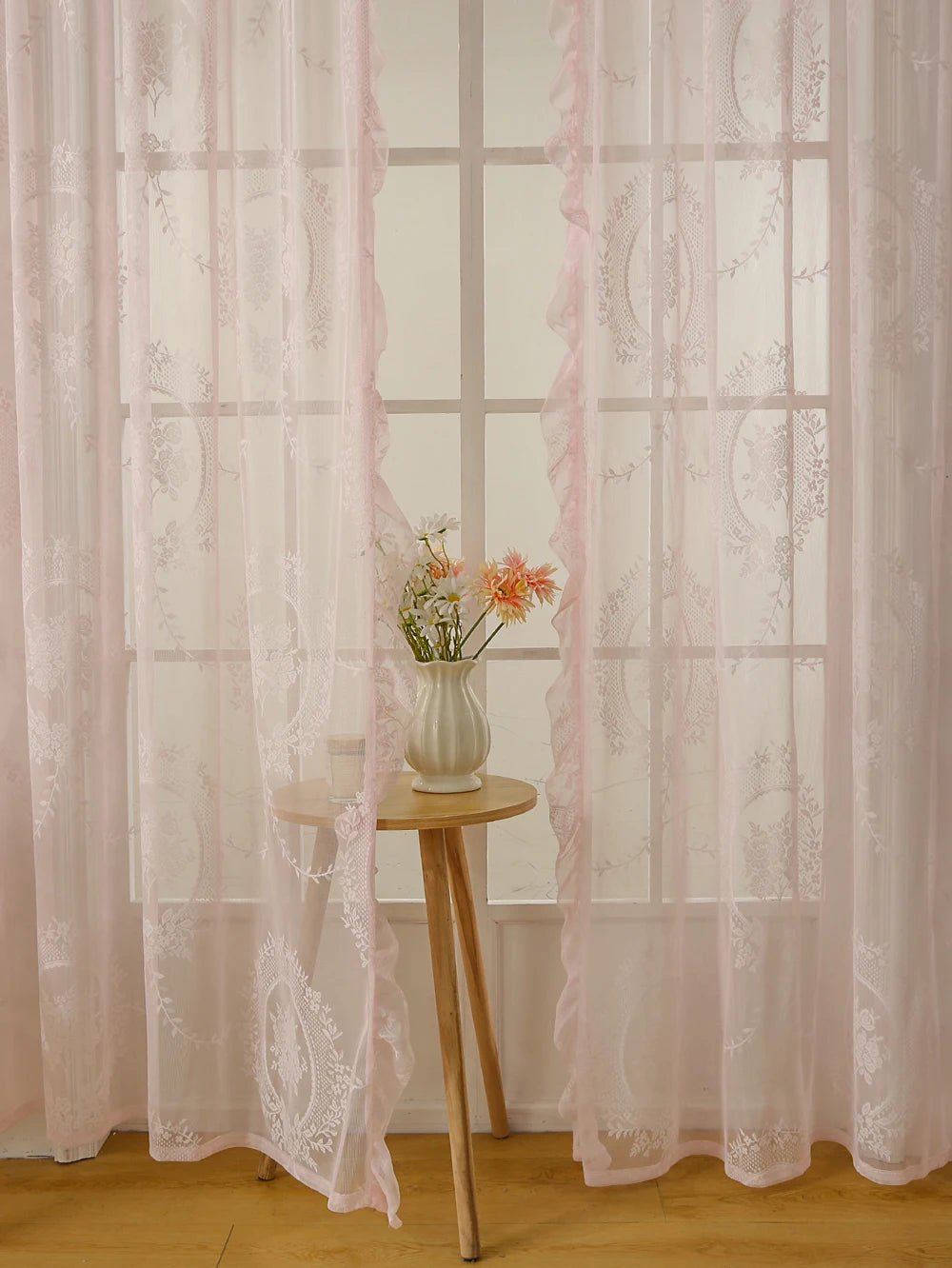 Lace Sheer Curtains with Scallop Ruffle Edge for Living Room Farmhouse