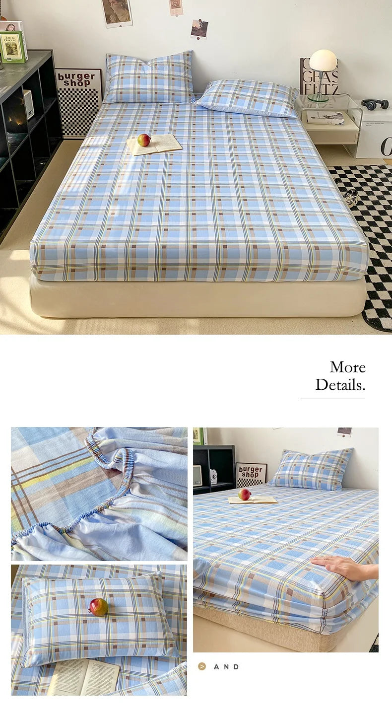 Plaid Style Fitted Sheet Skin-friendly Bed Cover Elastic Bedsheet for
