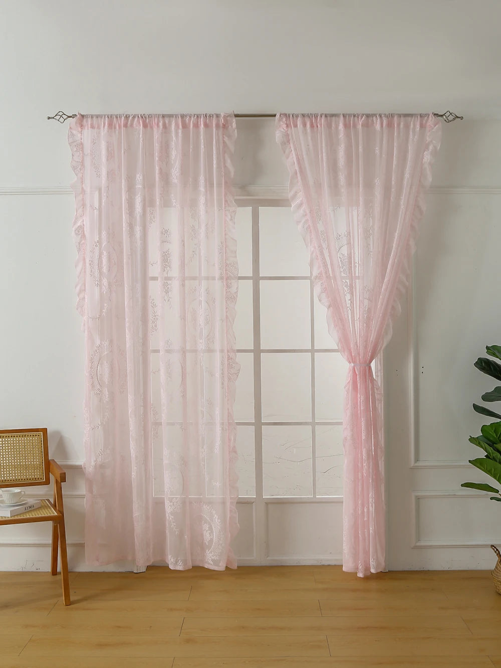Lace Sheer Curtains with Scallop Ruffle Edge for Living Room Farmhouse