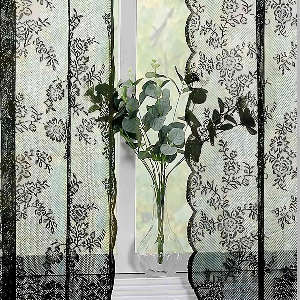 1pc Romantic Lace Sheer Curtain, Rod Pocket Flower Lace Window Curtains for Living Room