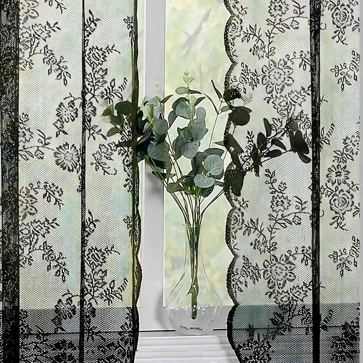 1pc Romantic Lace Sheer Curtain, Rod Pocket Flower Lace Window Curtains for Living Room