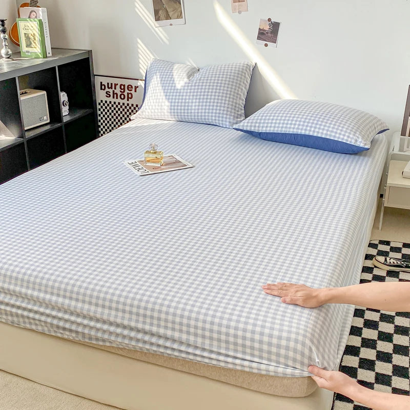 Plaid Style Fitted Sheet Skin-friendly Bed Cover Elastic Bedsheet for