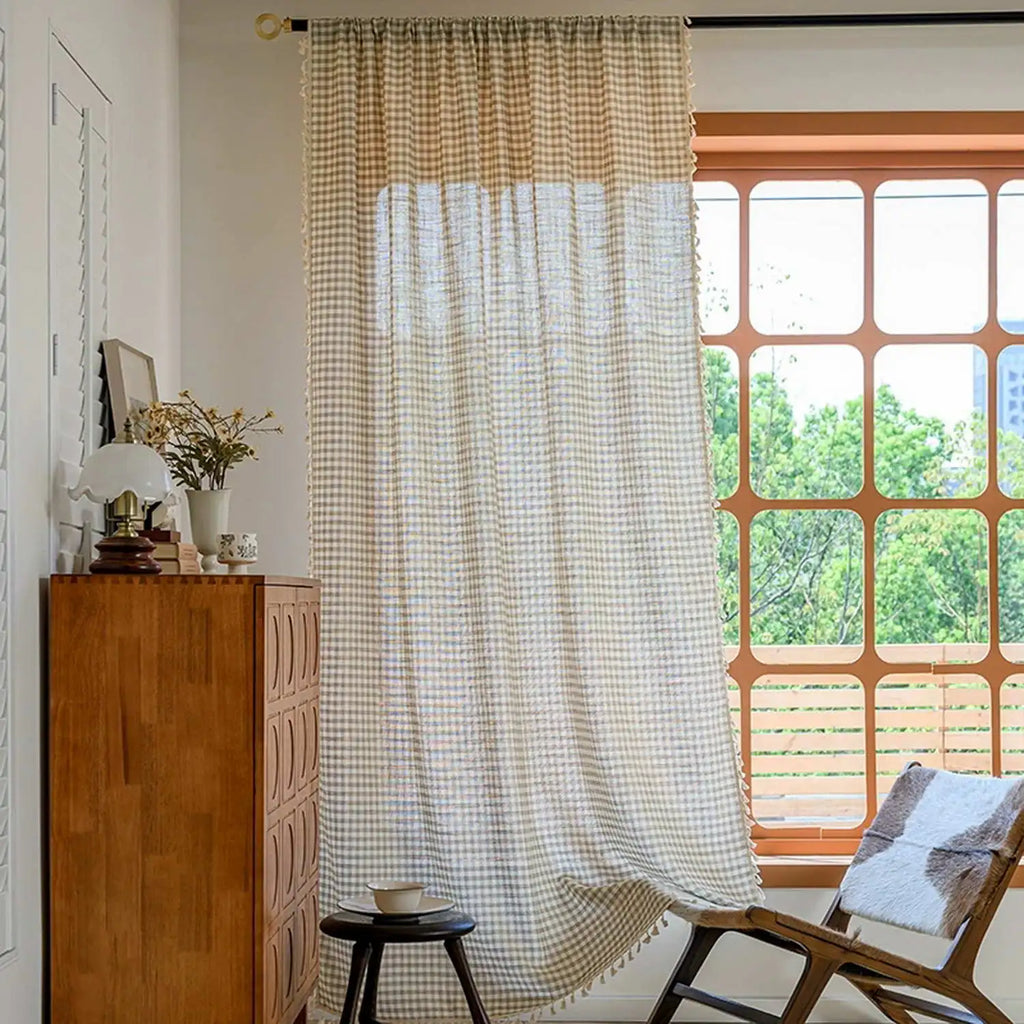 Plaid Curtains with Tassel Privacy Protection Window Treatments for Bedroom