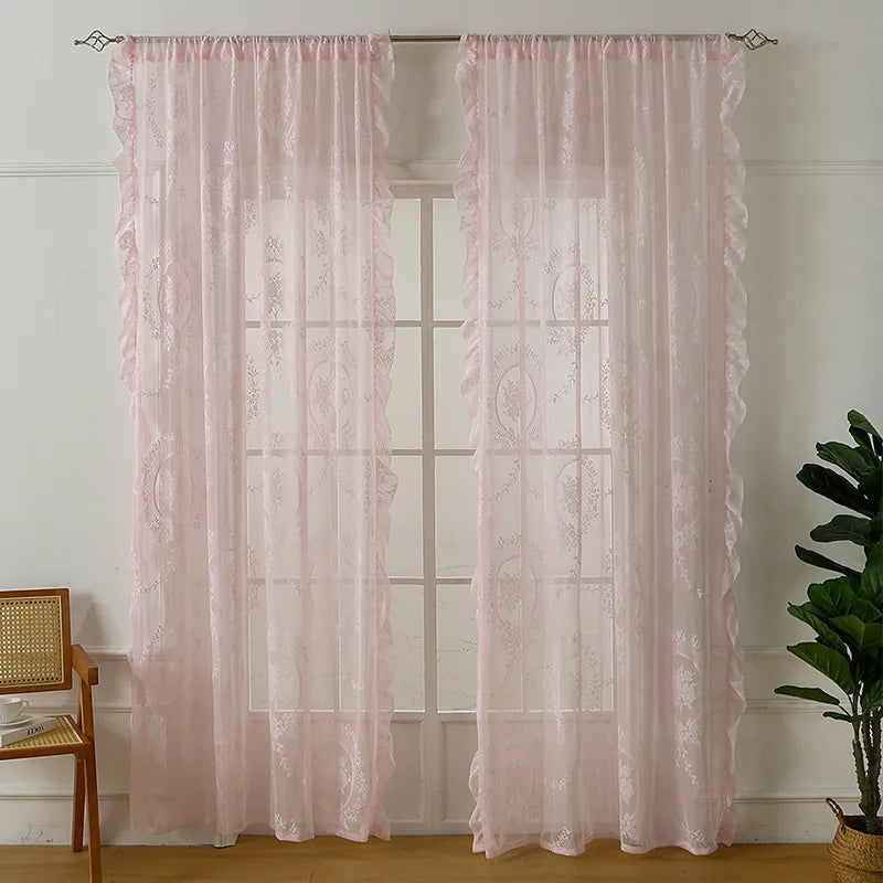 Lace Sheer Curtains with Scallop Ruffle Edge for Living Room Farmhouse