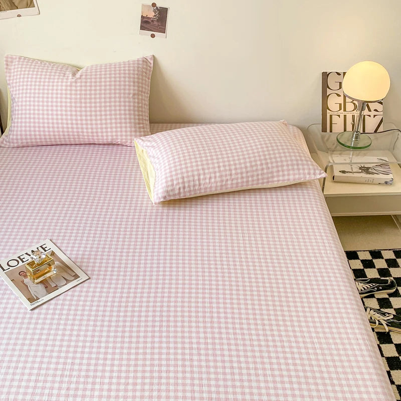 Plaid Style Fitted Sheet Skin-friendly Bed Cover Elastic Bedsheet for