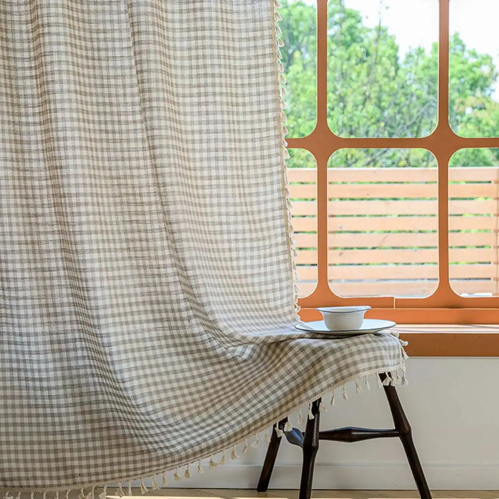 Plaid Curtains with Tassel Privacy Protection Window Treatments for Bedroom
