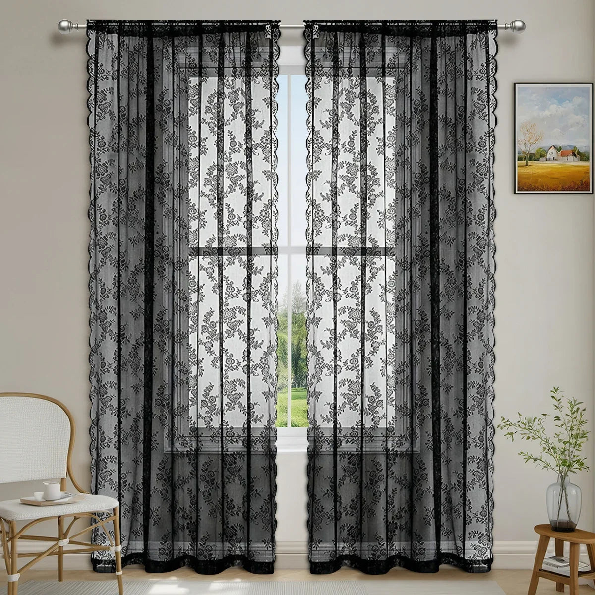 1pc Romantic Lace Sheer Curtain, Rod Pocket Flower Lace Window Curtains for Living Room