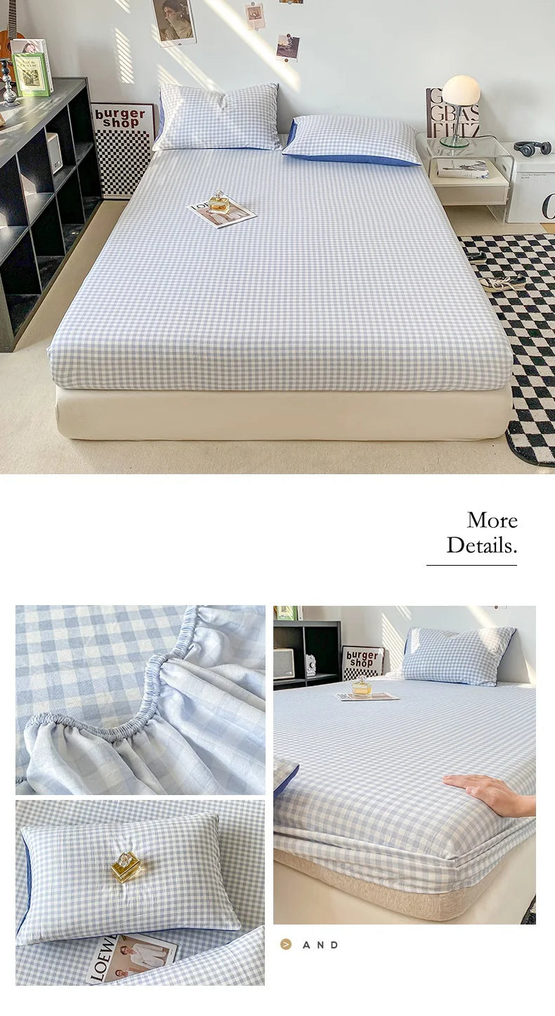 Plaid Style Fitted Sheet Skin-friendly Bed Cover Elastic Bedsheet for