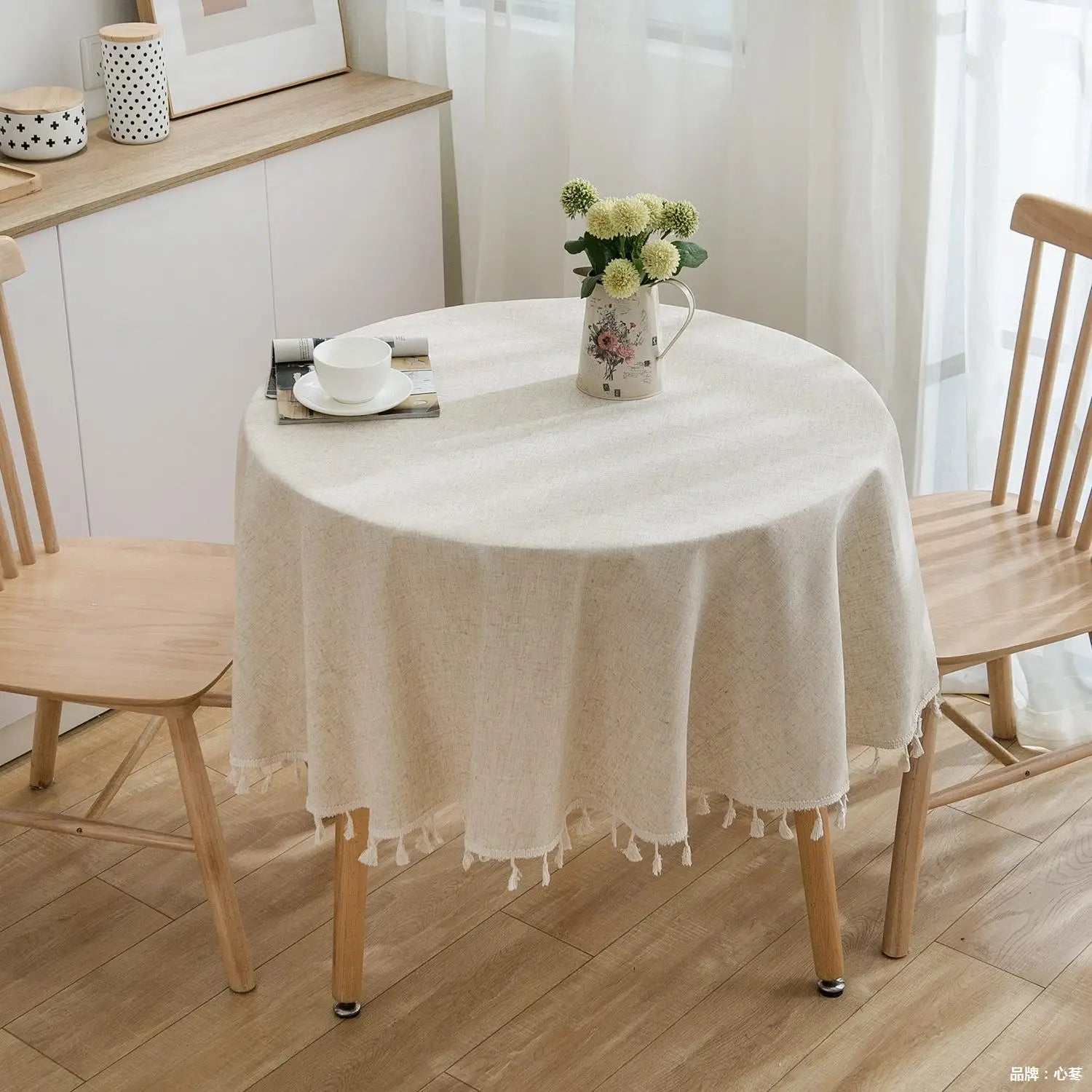 Linen Cotton Plain Tablecloth with Tassels Round Table Household