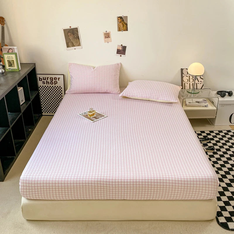 Plaid Style Fitted Sheet Skin-friendly Bed Cover Elastic Bedsheet for