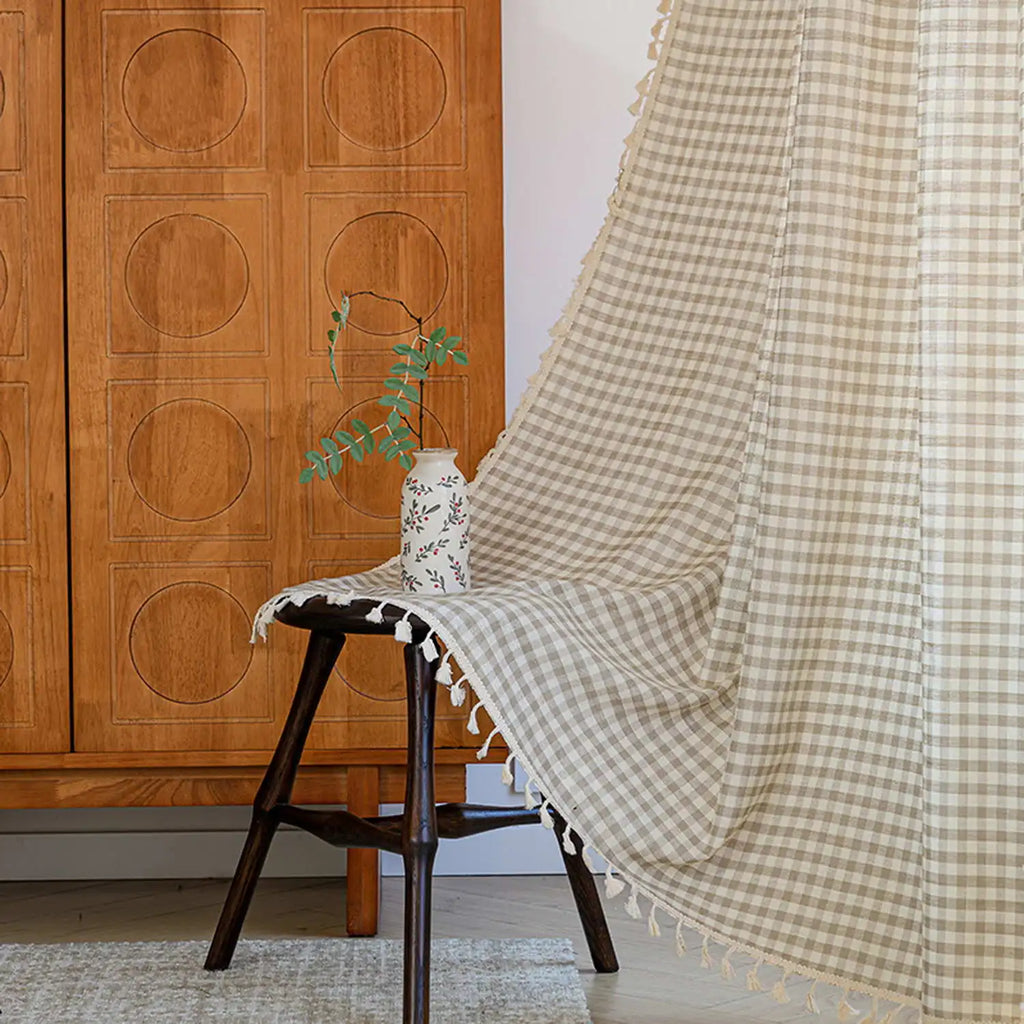 Plaid Curtains with Tassel Privacy Protection Window Treatments for Bedroom