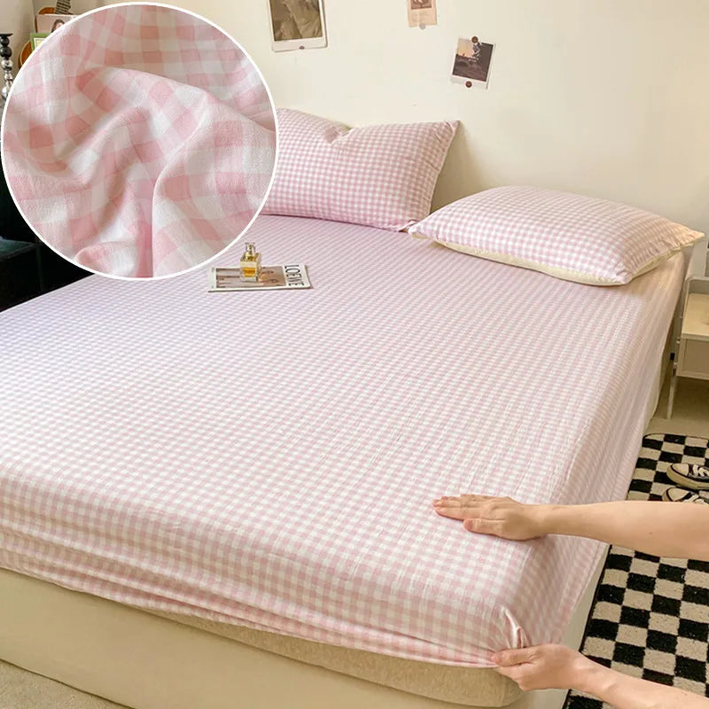 Plaid Style Fitted Sheet Skin-friendly Bed Cover Elastic Bedsheet for