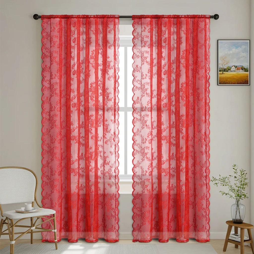 1pc Romantic Lace Sheer Curtain, Rod Pocket Flower Lace Window Curtains for Living Room