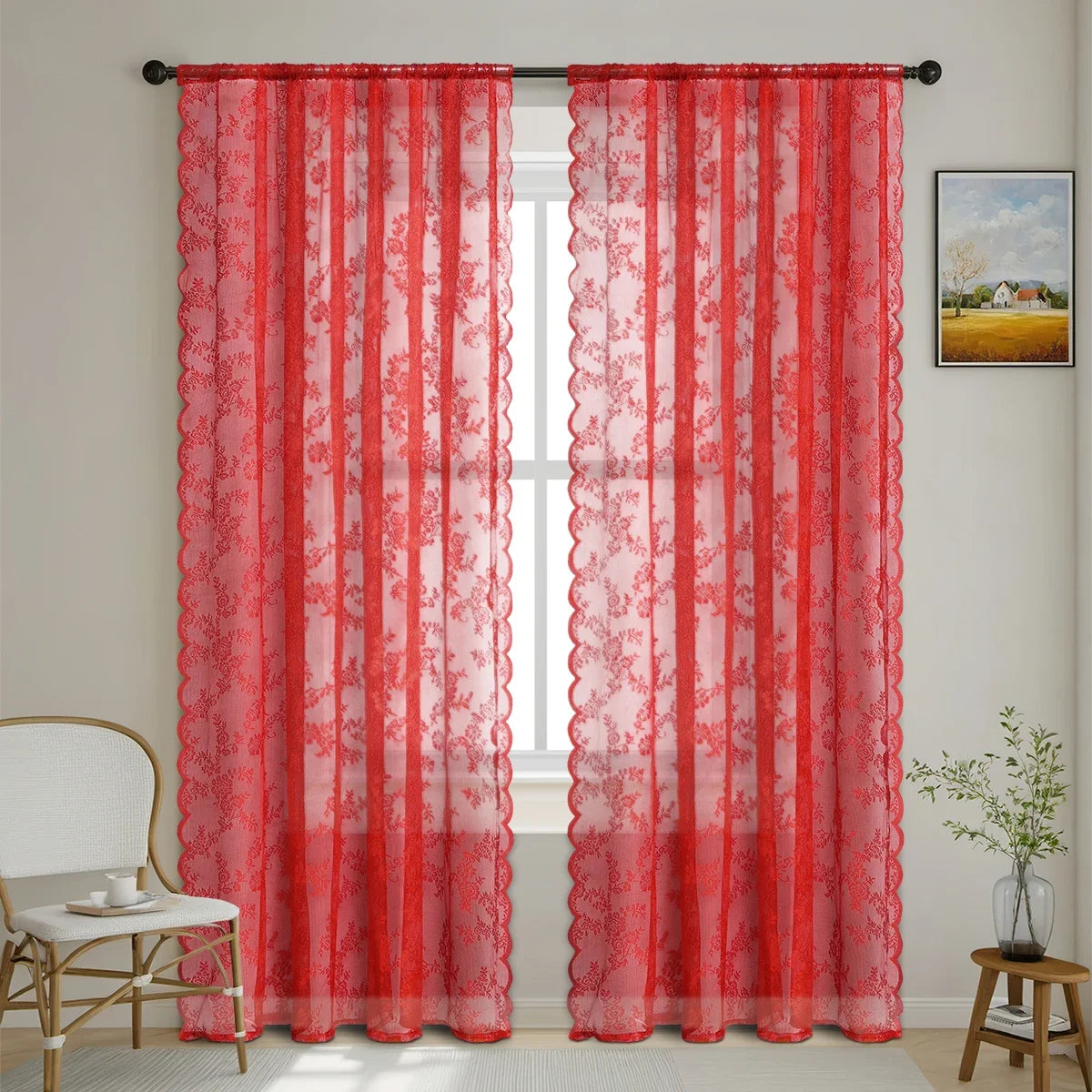 1pc Romantic Lace Sheer Curtain, Rod Pocket Flower Lace Window Curtains for Living Room
