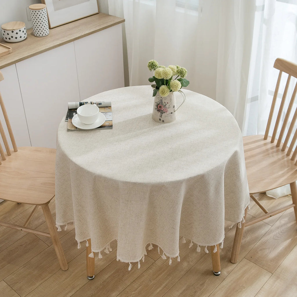 Linen Cotton Plain Tablecloth with Tassels Round Table Household