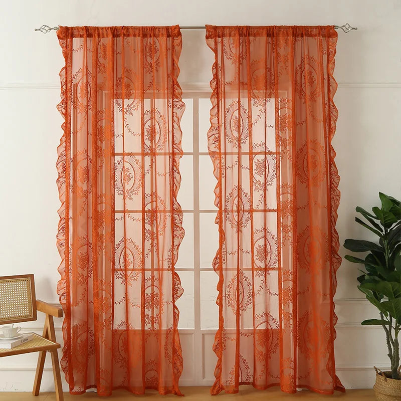 Lace Sheer Curtains with Scallop Ruffle Edge for Living Room Farmhouse
