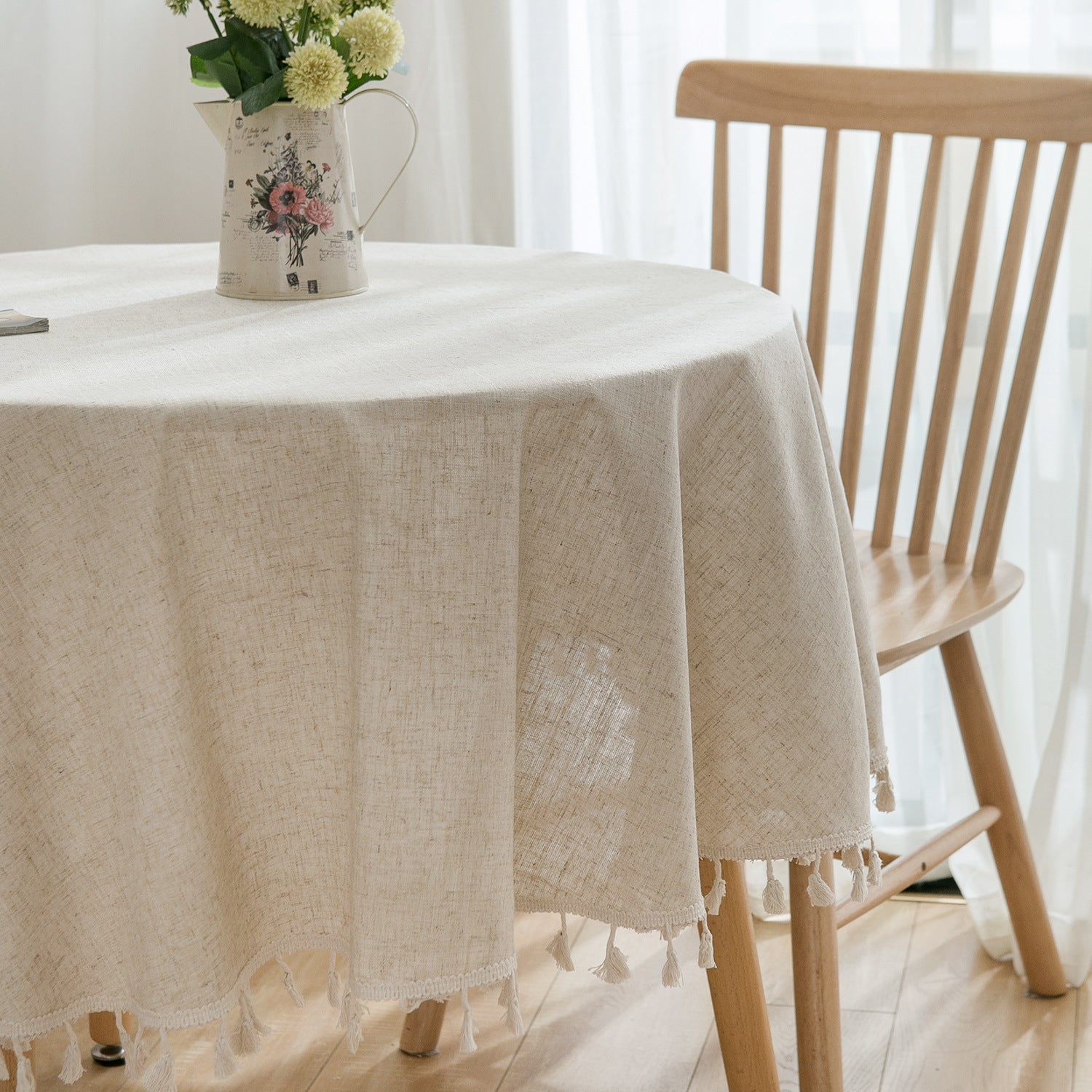 Linen Cotton Plain Tablecloth with Tassels Round Table Household