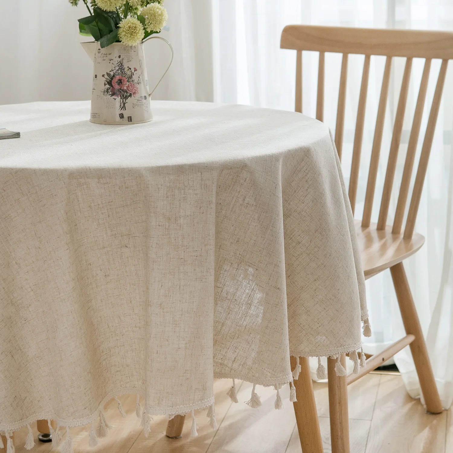 Linen Cotton Plain Tablecloth with Tassels Round Table Household