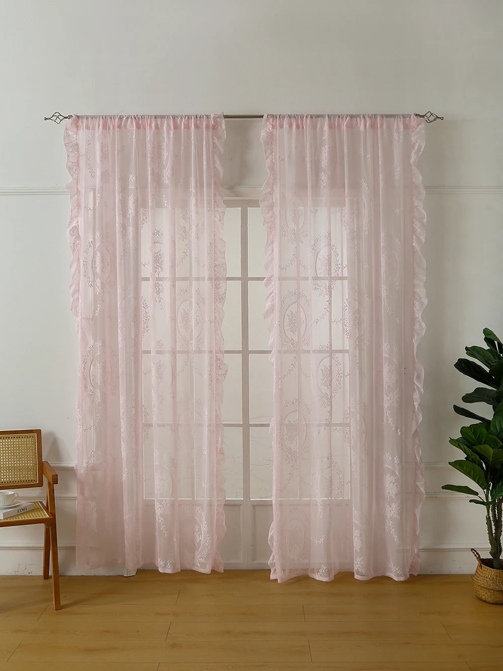 Lace Sheer Curtains with Scallop Ruffle Edge for Living Room Farmhouse