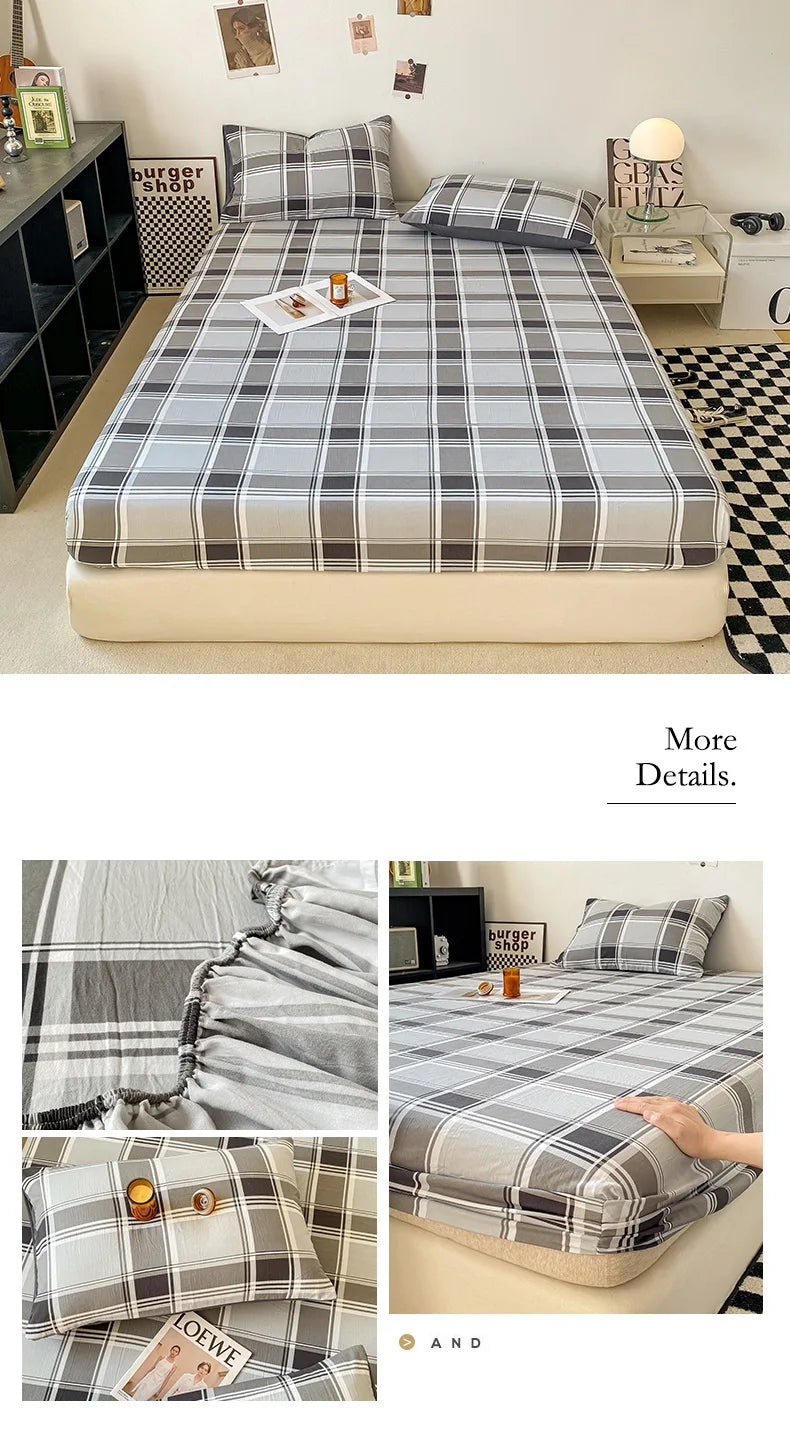 Plaid Style Fitted Sheet Skin-friendly Bed Cover Elastic Bedsheet for