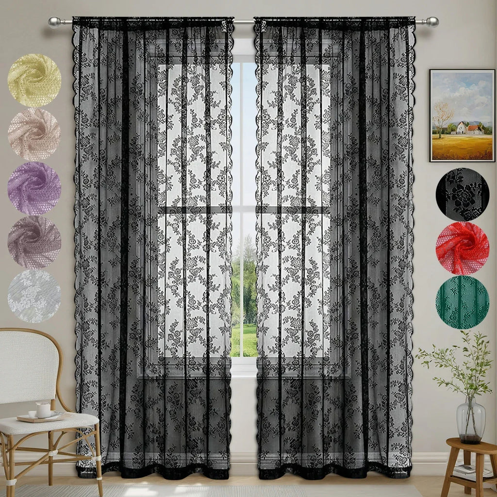 1pc Romantic Lace Sheer Curtain, Rod Pocket Flower Lace Window Curtains for Living Room