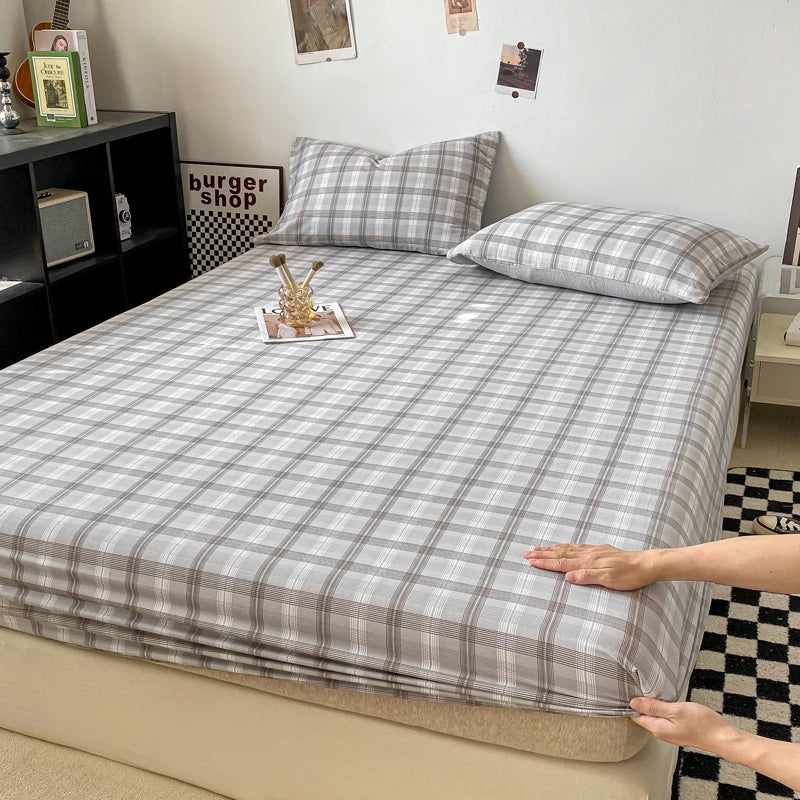 Plaid Style Fitted Sheet Skin-friendly Bed Cover Elastic Bedsheet for