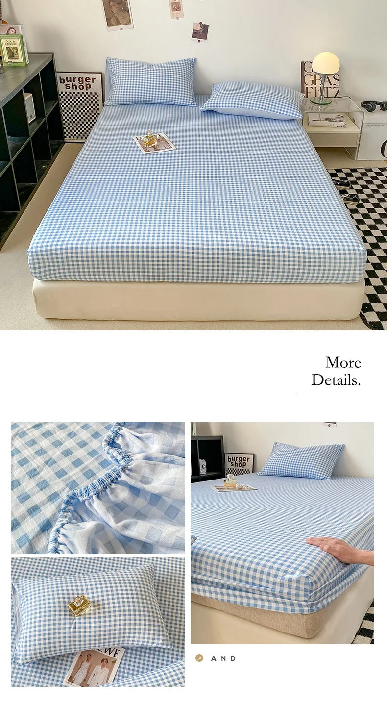 Plaid Style Fitted Sheet Skin-friendly Bed Cover Elastic Bedsheet for