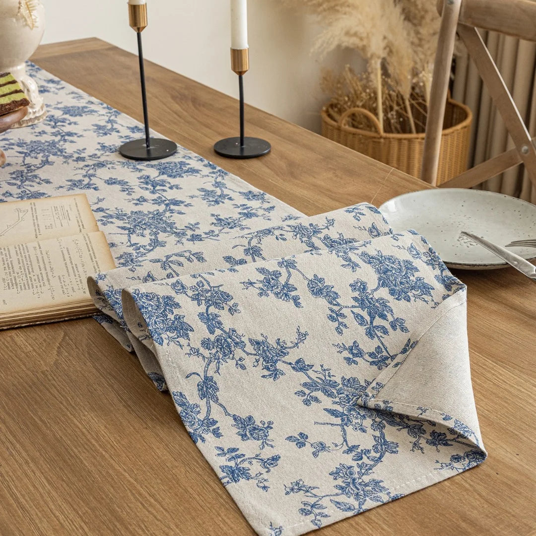 Table Runner Blue Flower TableCover Plant Watercolor Kitchen