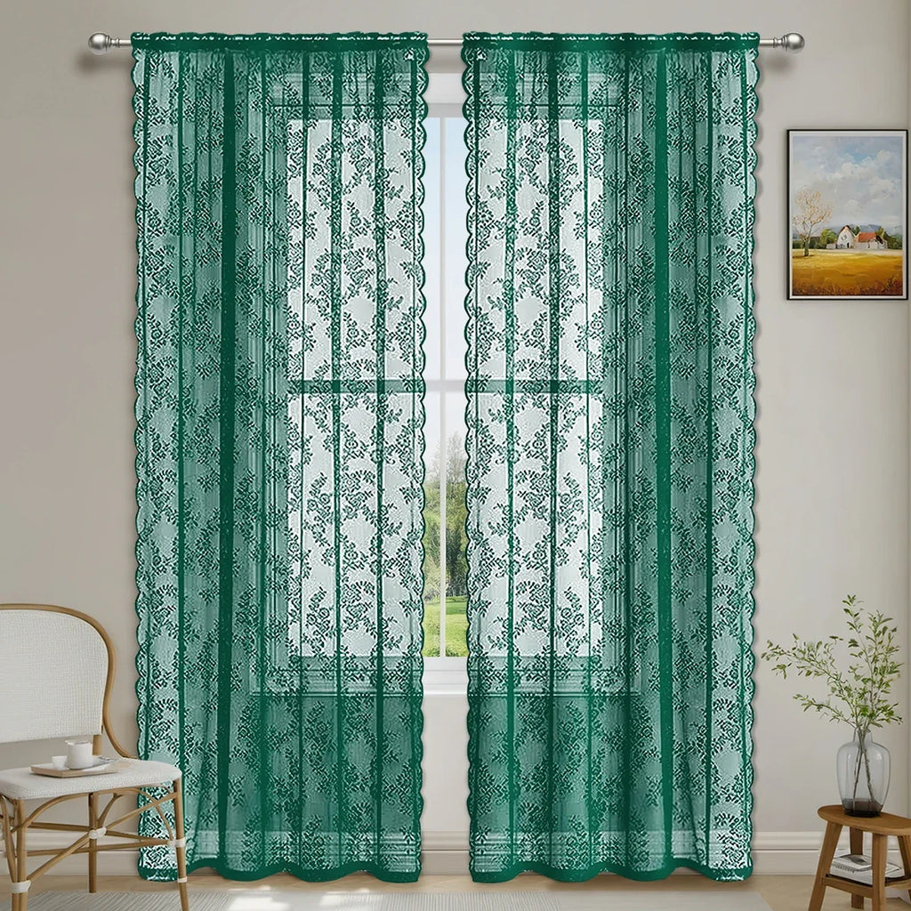 1pc Romantic Lace Sheer Curtain, Rod Pocket Flower Lace Window Curtains for Living Room