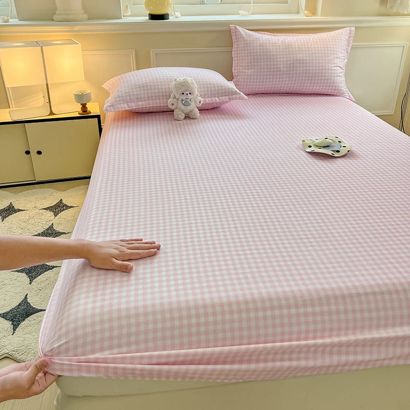 Plaid Style Fitted Sheet Skin-friendly Bed Cover Elastic Bedsheet for Girls Boys