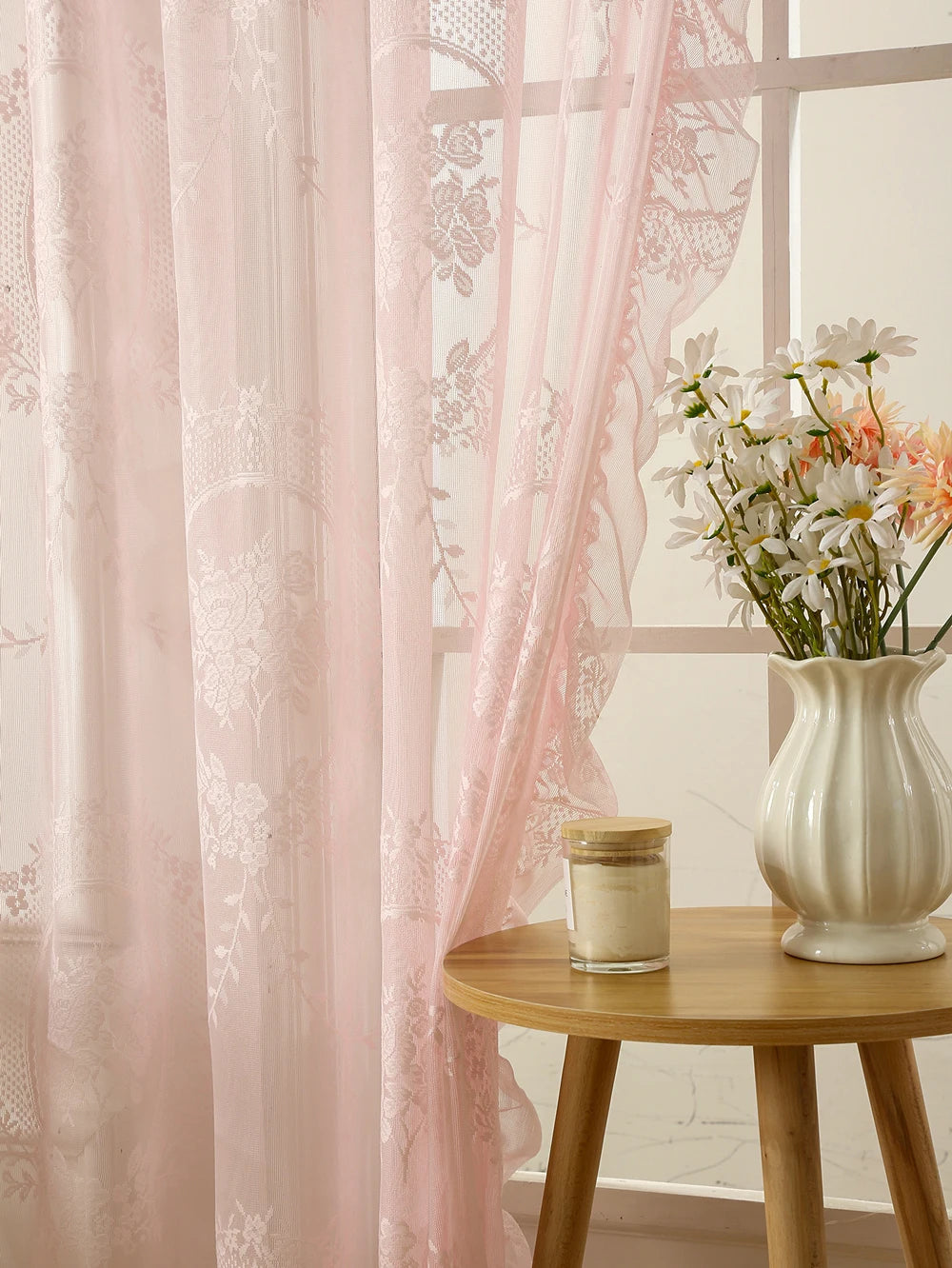 Lace Sheer Curtains with Scallop Ruffle Edge for Living Room Farmhouse