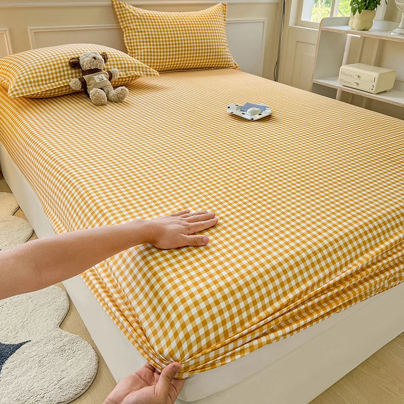 Plaid Style Fitted Sheet Skin-friendly Bed Cover Elastic Bedsheet for Girls Boys