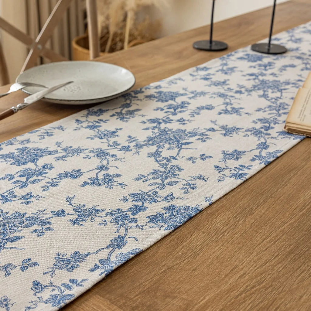 Table Runner Blue Flower TableCover Plant Watercolor Kitchen