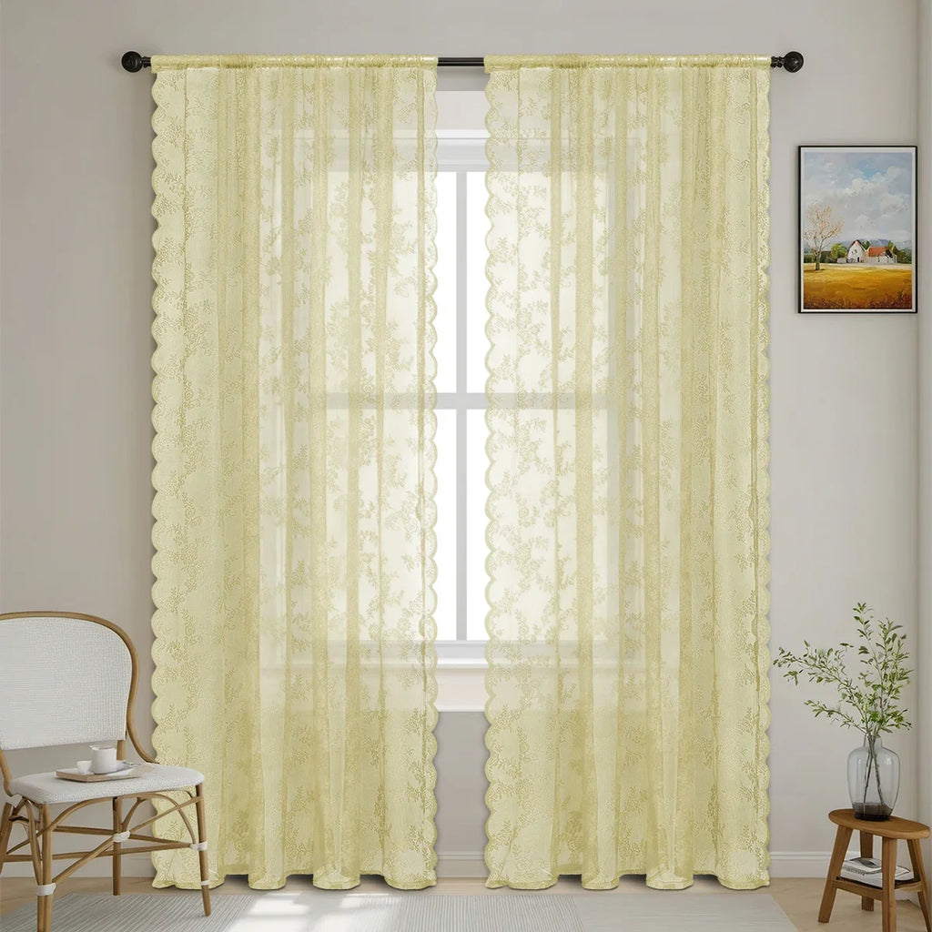1pc Romantic Lace Sheer Curtain, Rod Pocket Flower Lace Window Curtains for Living Room