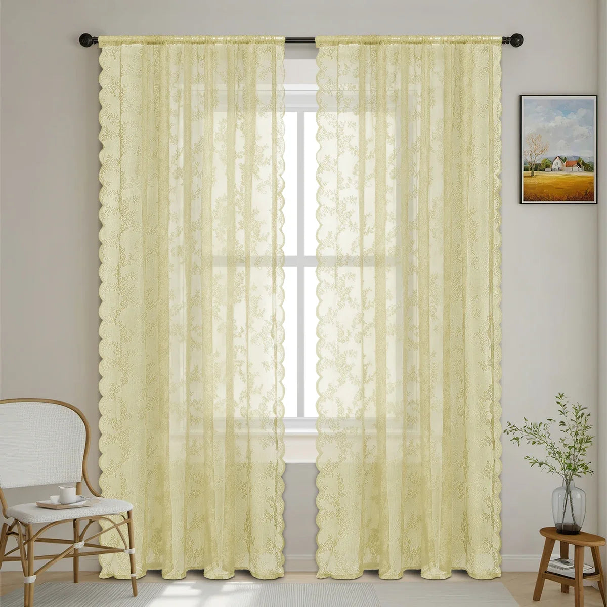 1pc Romantic Lace Sheer Curtain, Rod Pocket Flower Lace Window Curtains for Living Room
