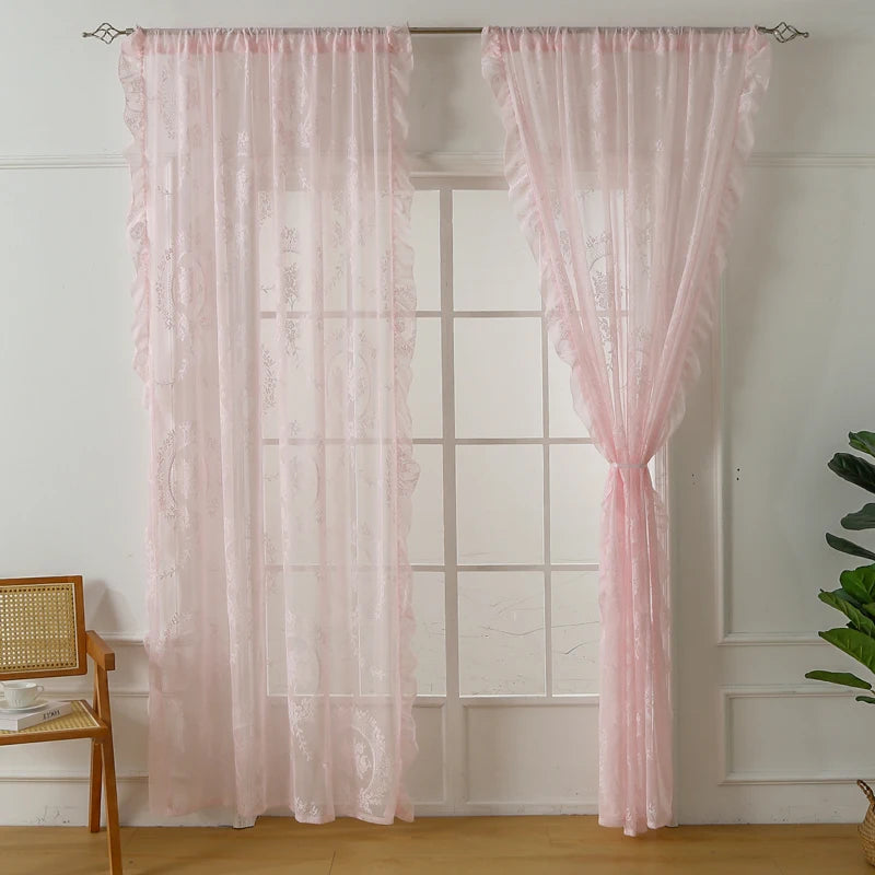 Lace Sheer Curtains with Scallop Ruffle Edge for Living Room Farmhouse