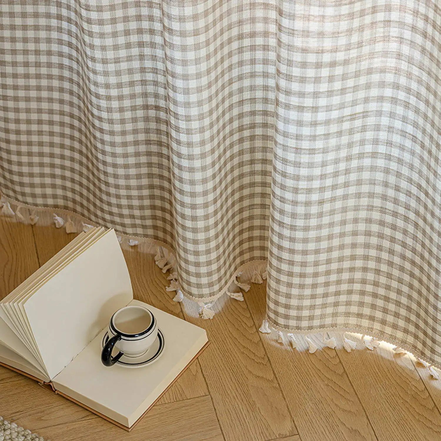 Plaid Curtains with Tassel Privacy Protection Window Treatments for Bedroom