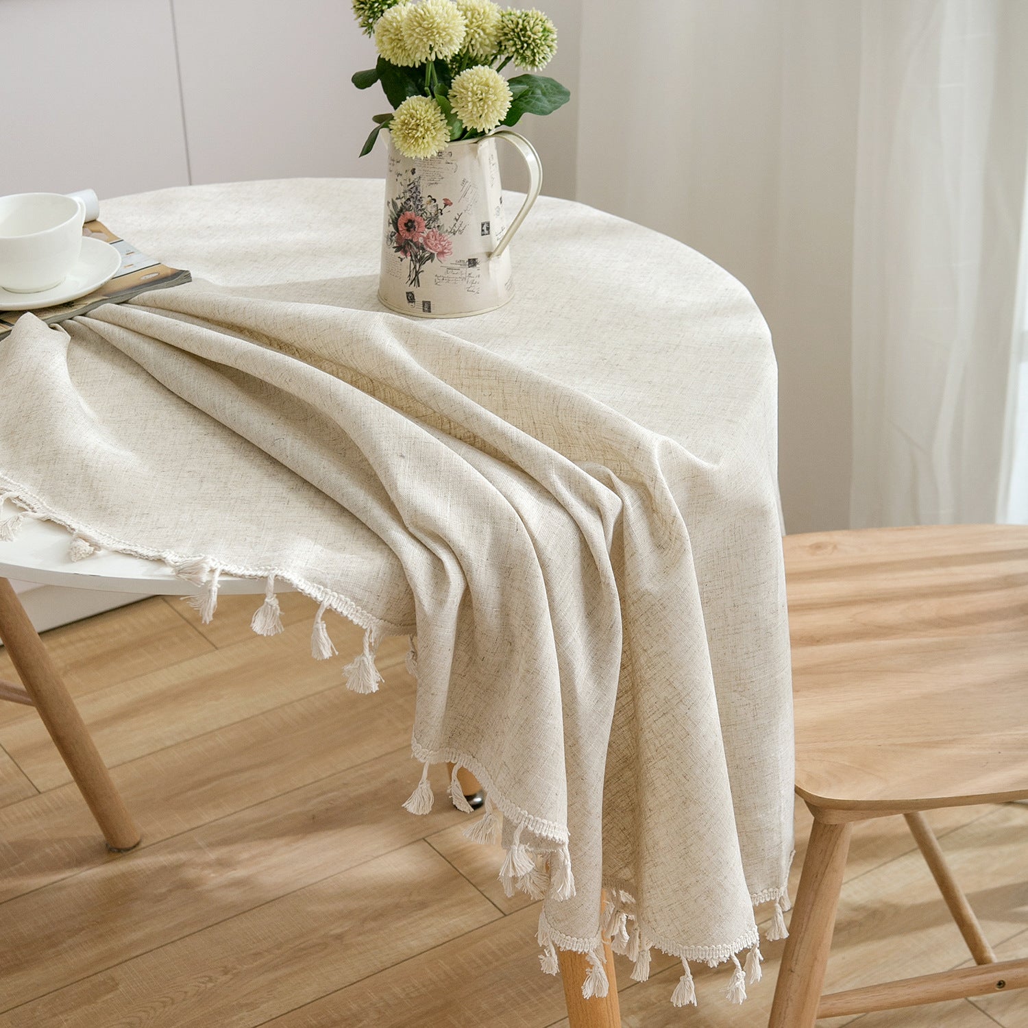 Linen Cotton Plain Tablecloth with Tassels Round Table Household