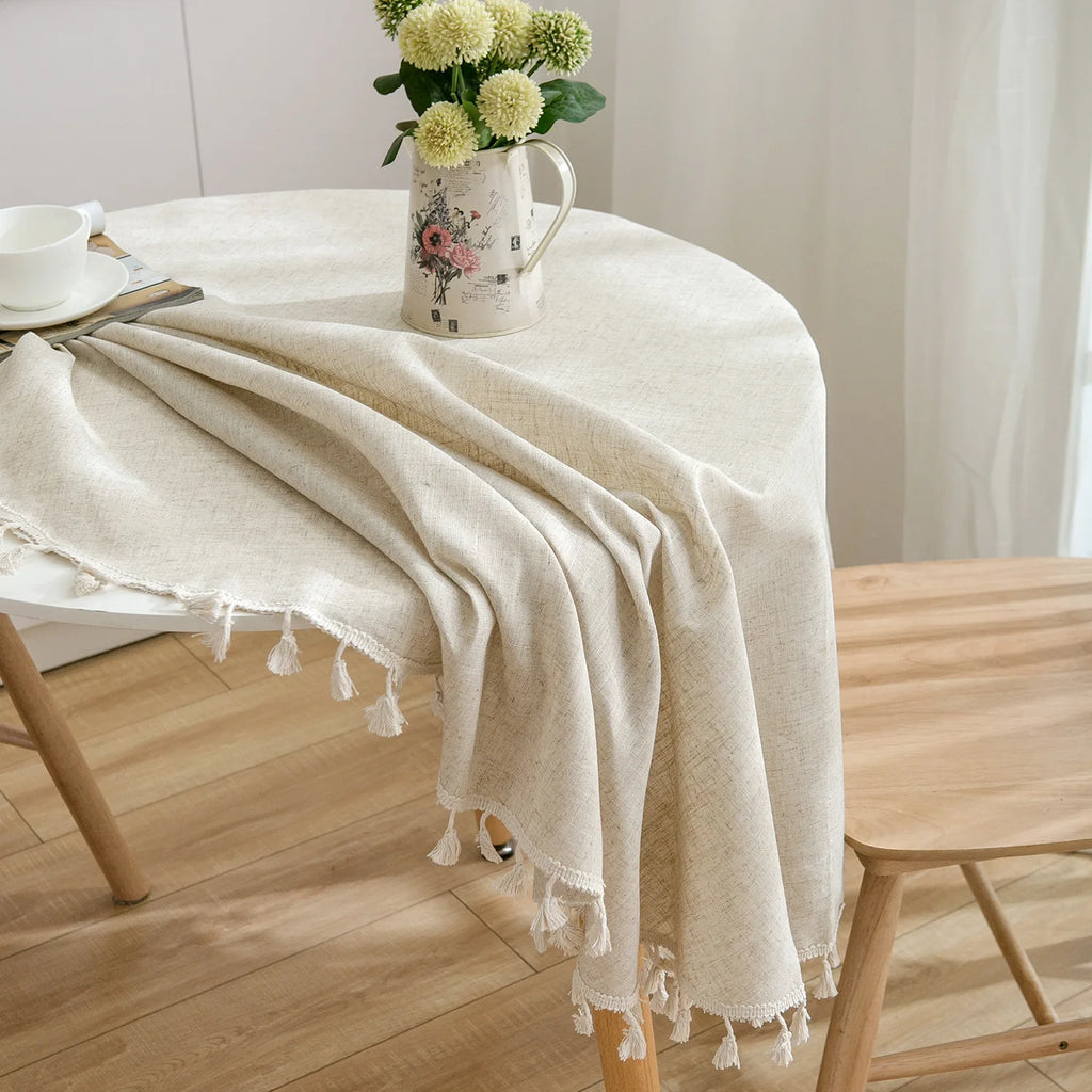 Linen Cotton Plain Tablecloth with Tassels Round Table Household