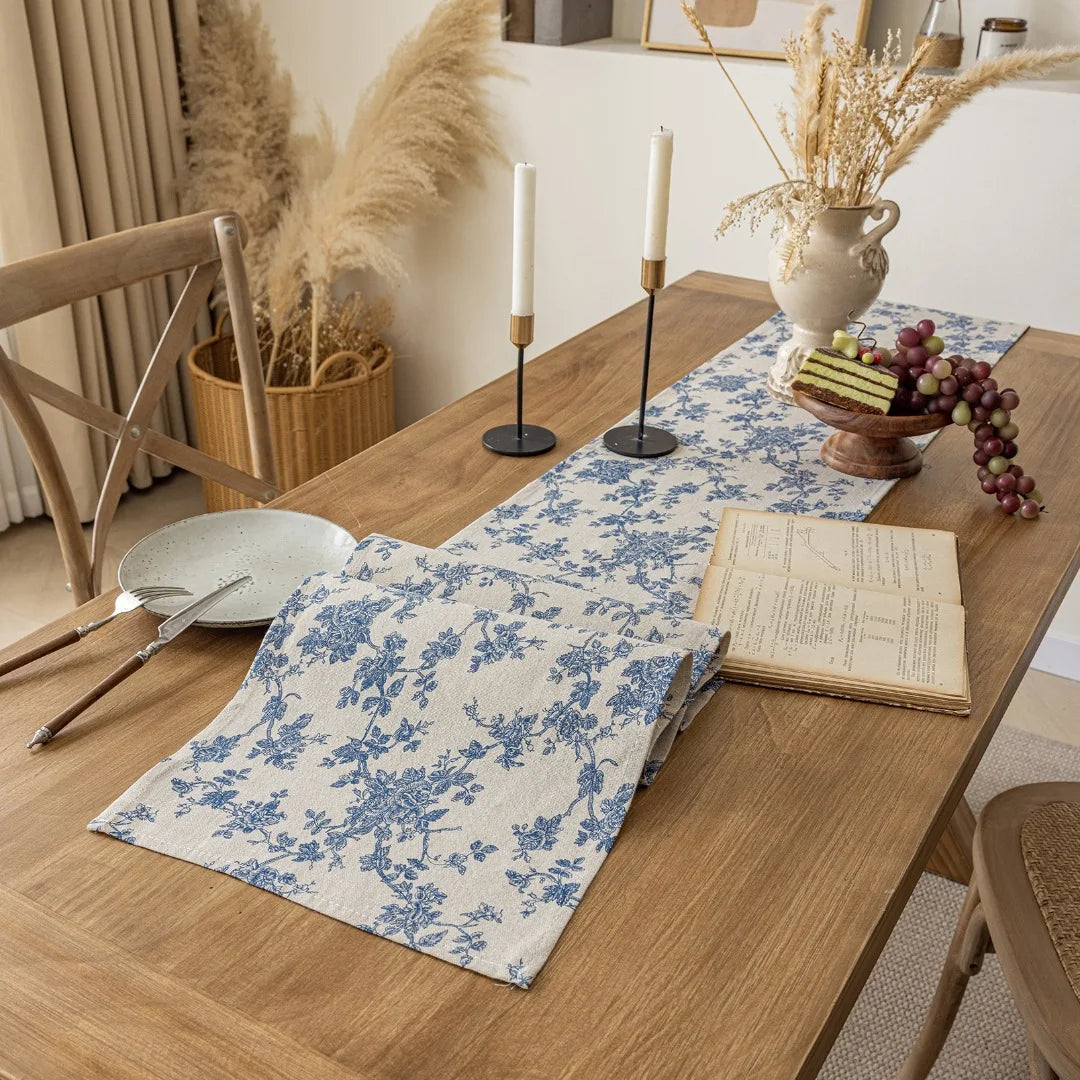 Table Runner Blue Flower TableCover Plant Watercolor Kitchen