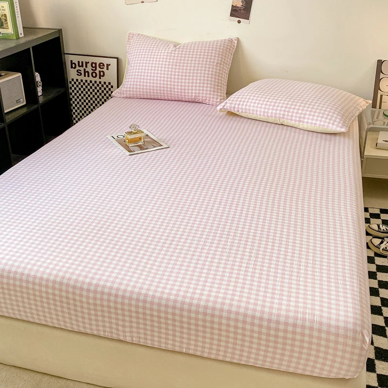 Plaid Style Fitted Sheet Skin-friendly Bed Cover Elastic Bedsheet for