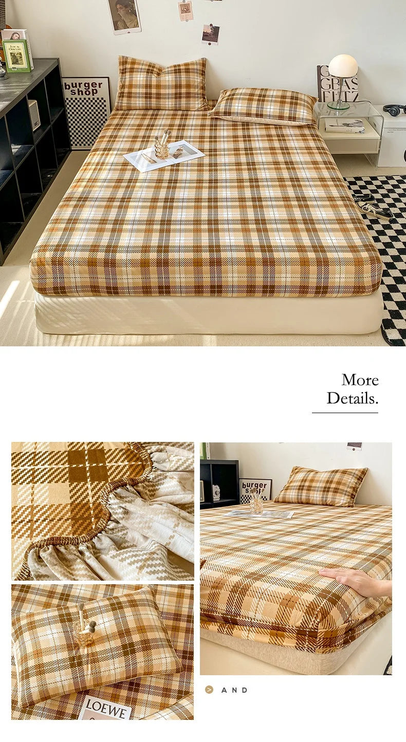 Plaid Style Fitted Sheet Skin-friendly Bed Cover Elastic Bedsheet for