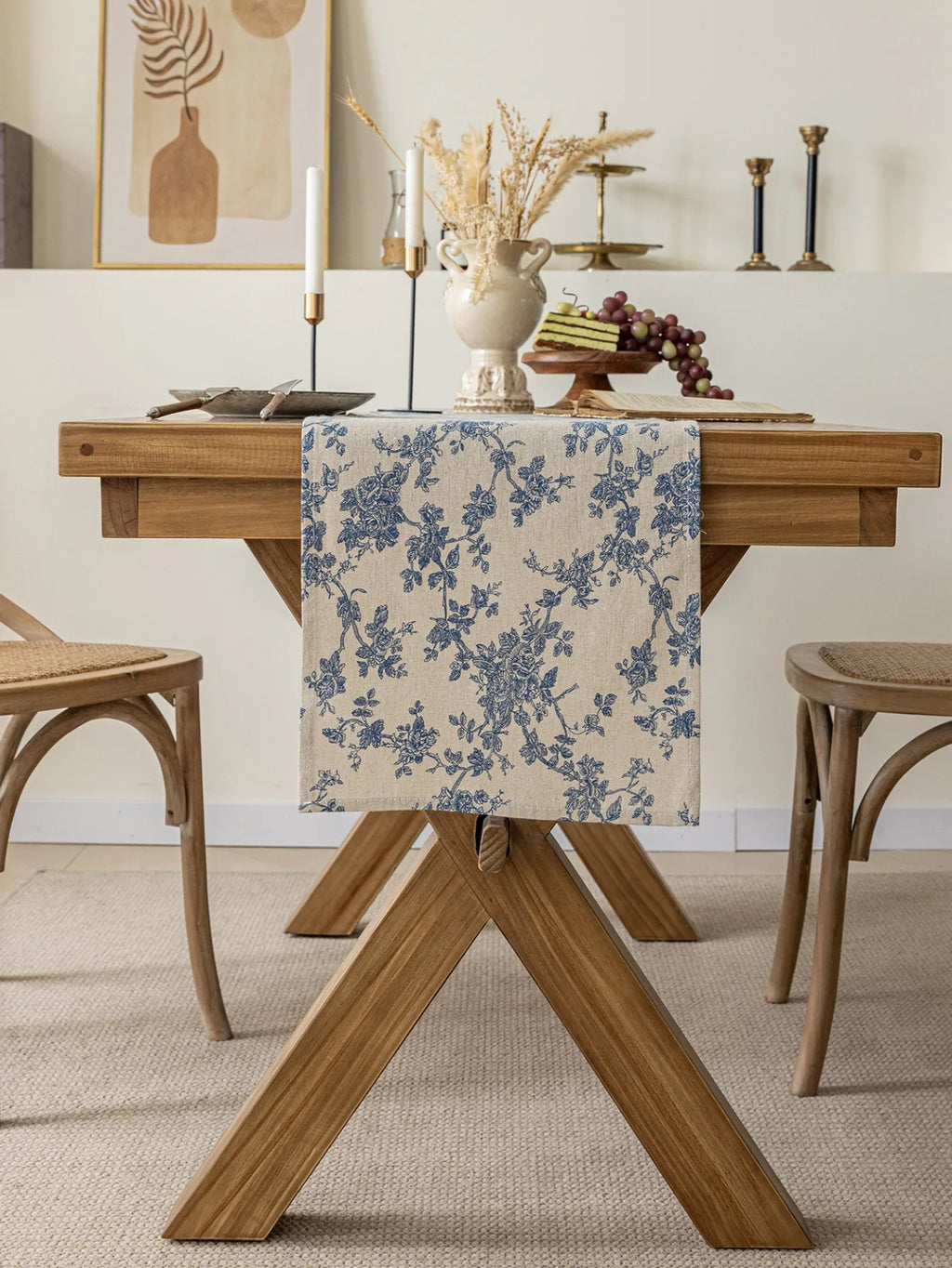 Table Runner Blue Flower TableCover Plant Watercolor Kitchen