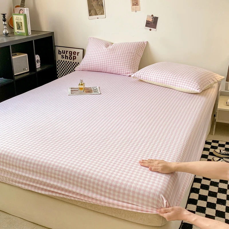 Plaid Style Fitted Sheet Skin-friendly Bed Cover Elastic Bedsheet for